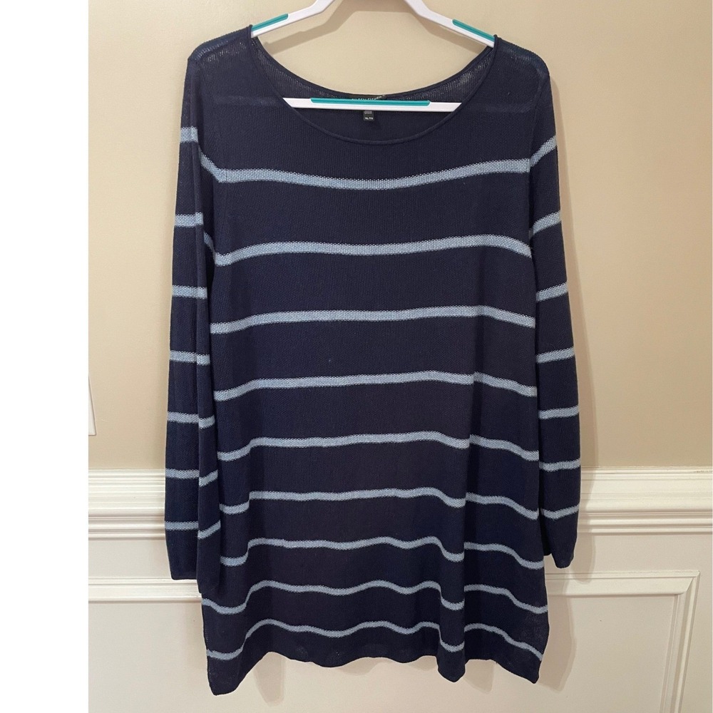Eileen Fisher XL Navy Blue Striped Tencel Merino Wool Alpaca Tunic Sweater